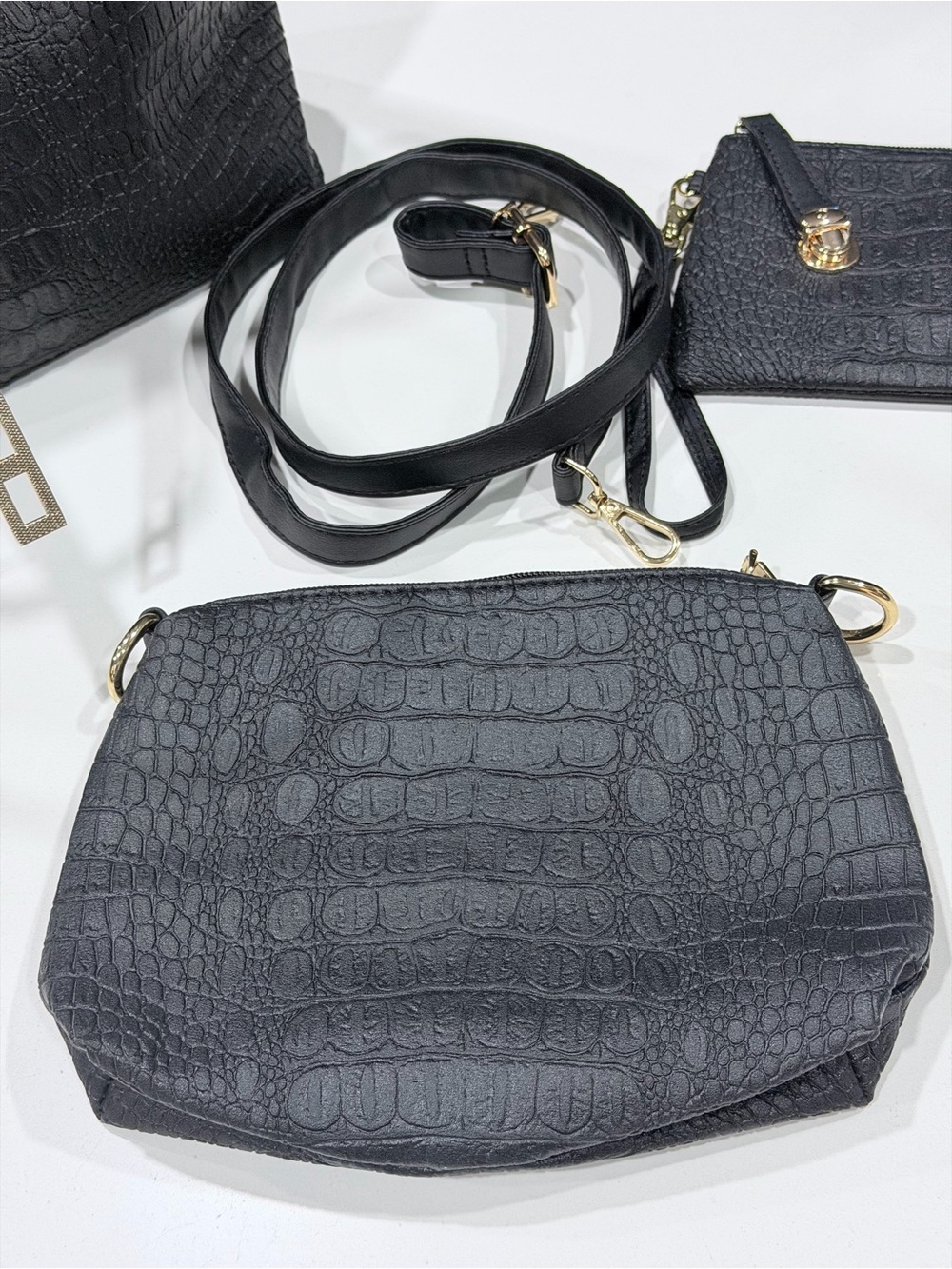Structured Croc-Embossed Faux Leather Black Tote Bag with Gold Hardware - Picture 8 of 13